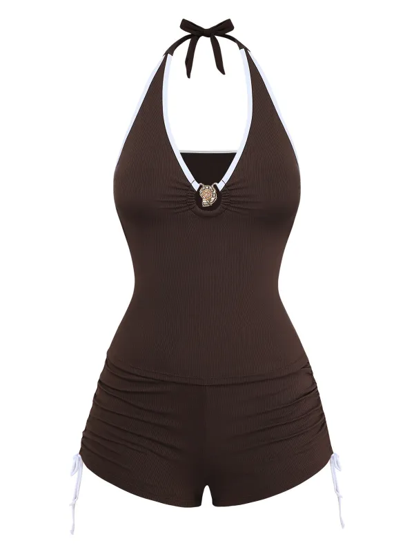 Coffee 1950s Halter Drawstring Ruched Tankini Set made by Retro Stage