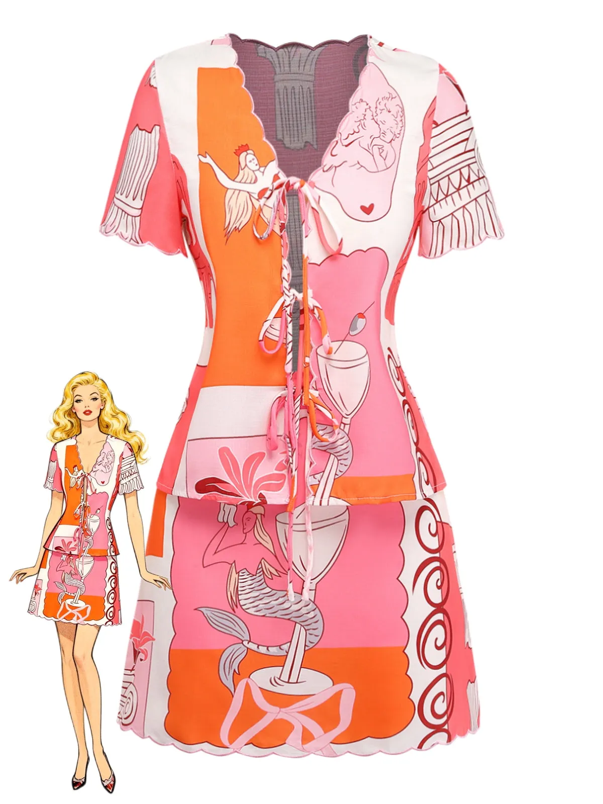 2PCS Multicolor 1940s Mermaid Print Tie-Up Top & Skirt sold by Retro Stage product image thumbnail 3