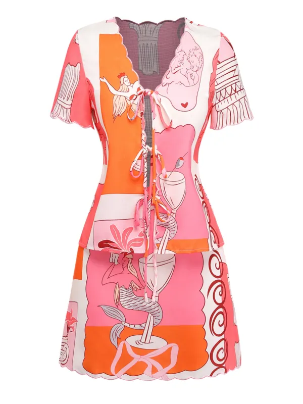 2PCS Multicolor 1940s Mermaid Print Tie-Up Top & Skirt made by Retro Stage