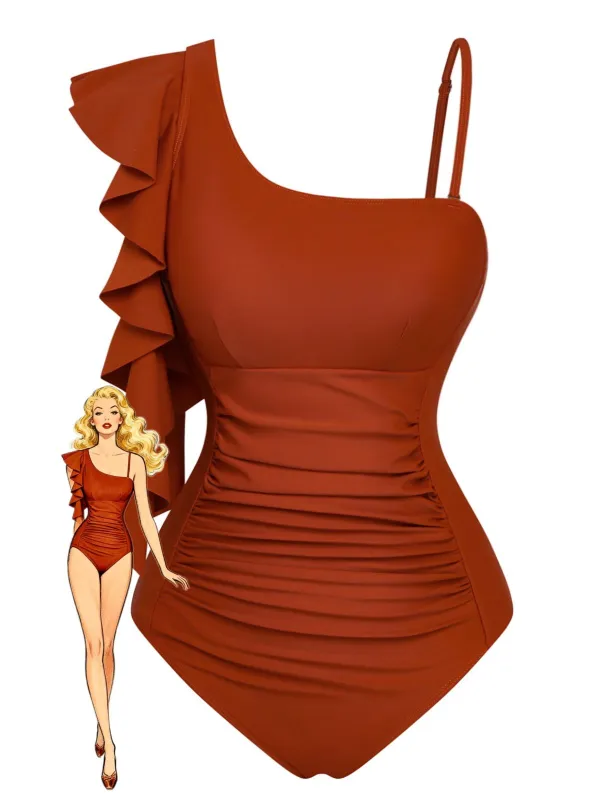 1940s Ruffled Asymmetrical Neck One-Piece Swimsuit made by Retro Stage
