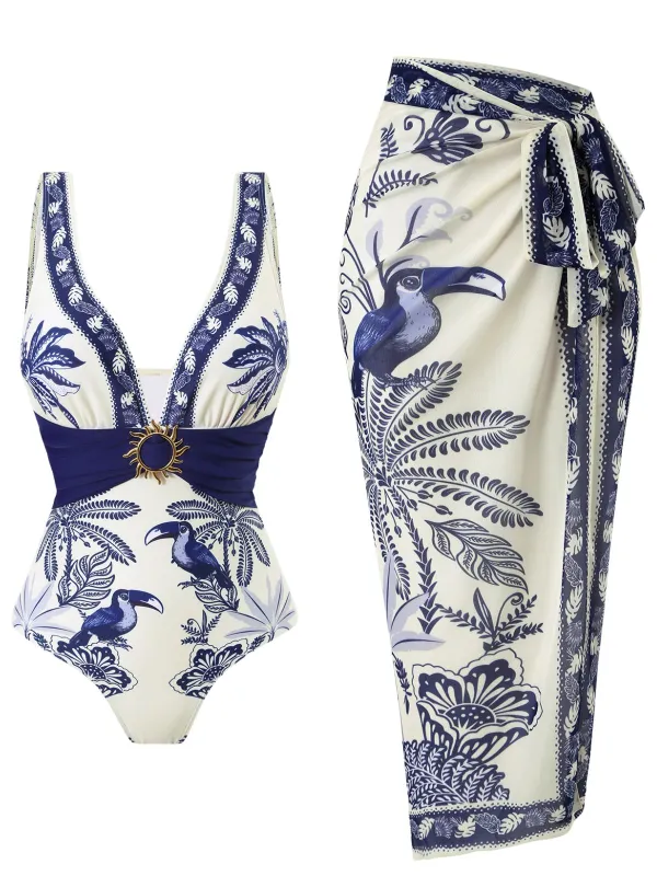 Blue 1930s Flower & Bird One-Piece Swimsuit & Cover-Up made by Retro Stage