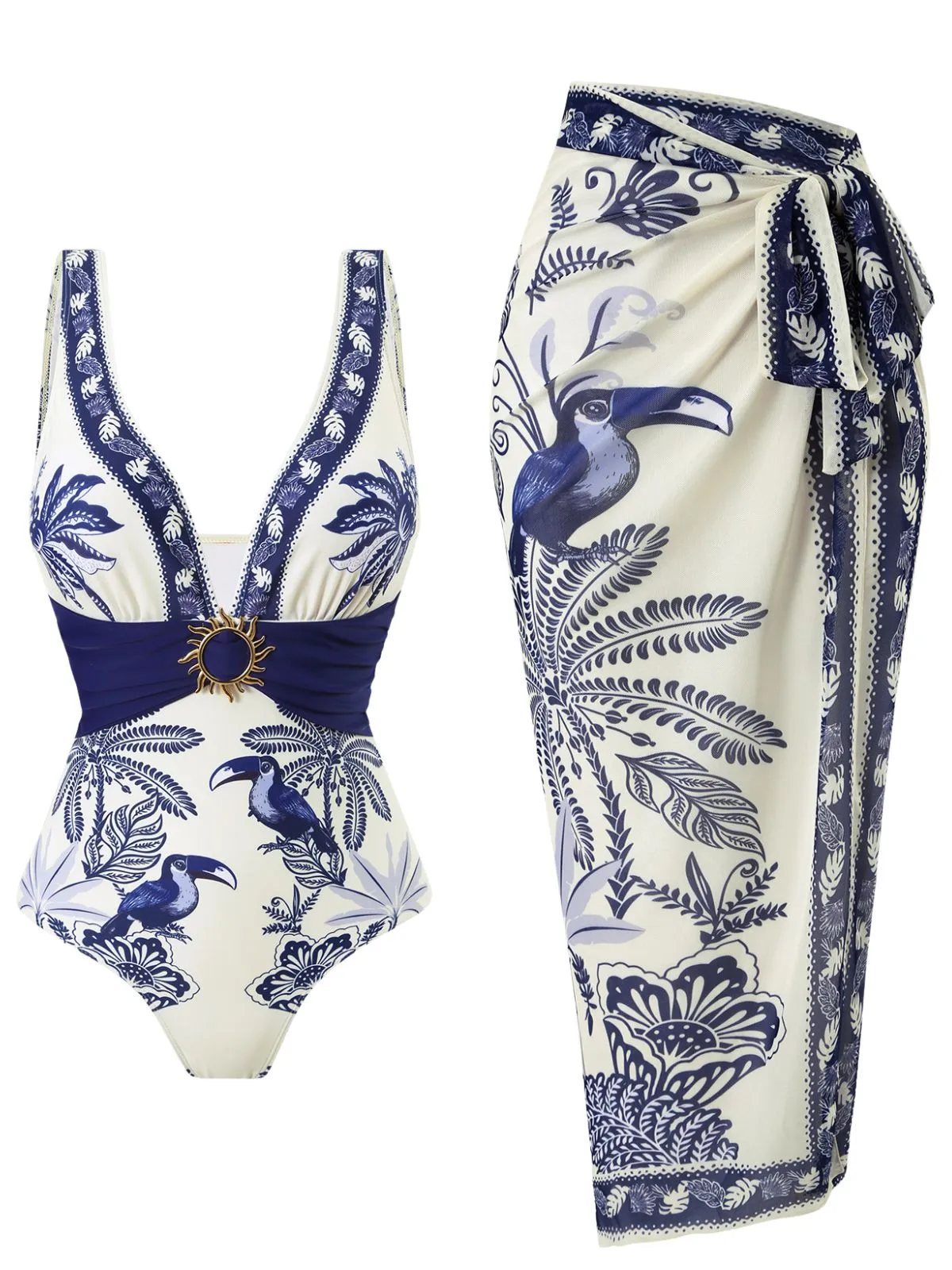 Blue 1930s Flower & Bird One-Piece Swimsuit & Cover-Up sold by Retro Stage