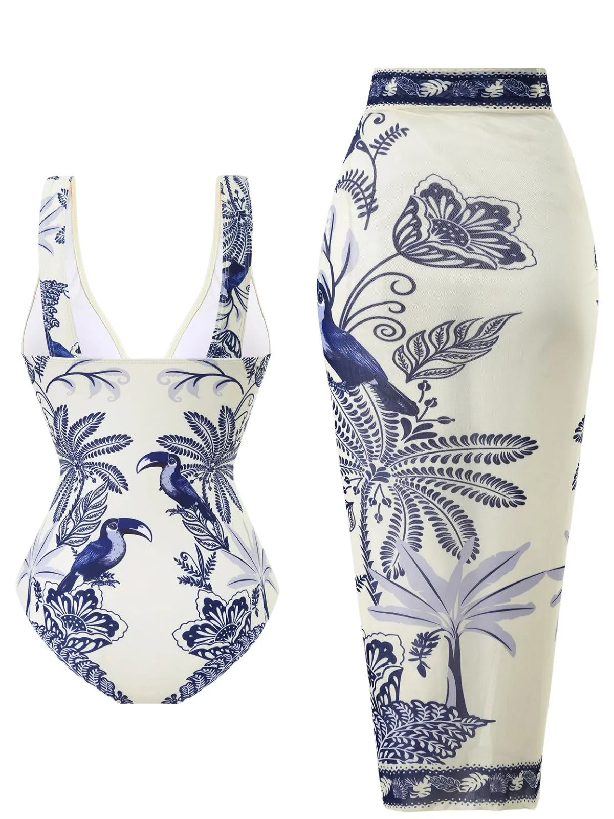 Blue 1930s Flower & Bird One-Piece Swimsuit & Cover-Up sold by Retro Stage product image thumbnail 2