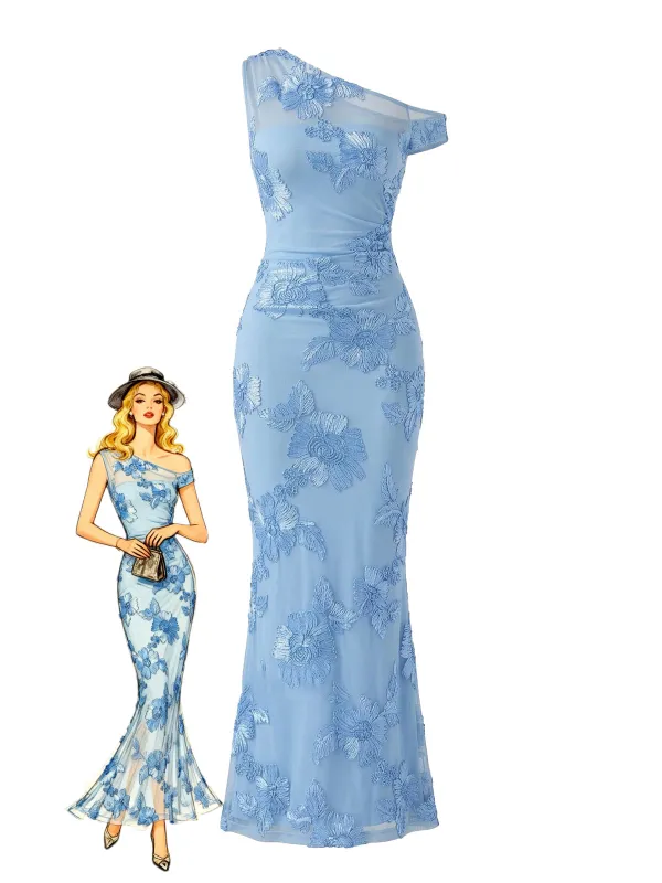 Blue 1930s One-Shoulder Floral Embroidered Mermaid Dress made by Retro Stage