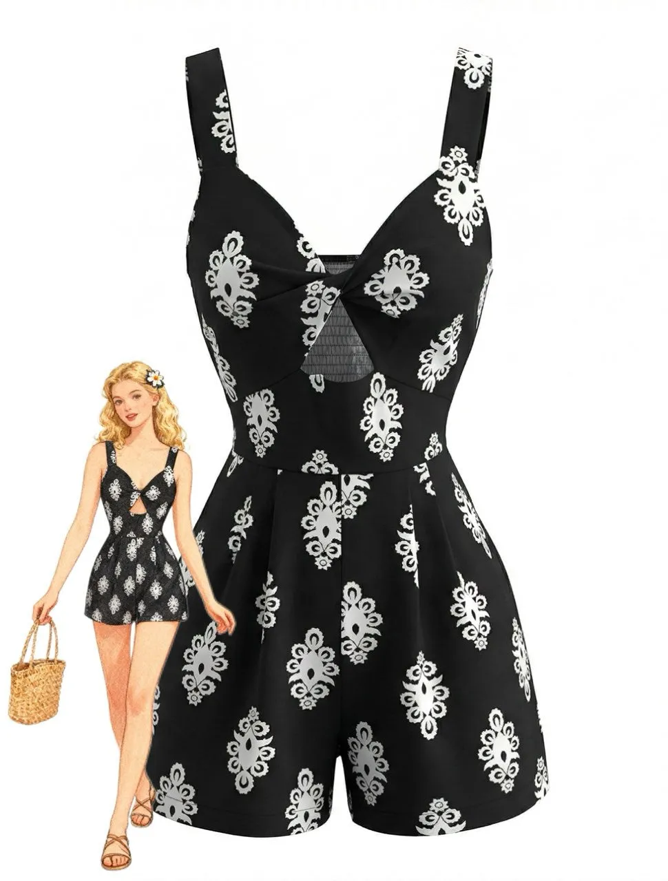 Black 1950s Cutout Twist-Front Romper sold by Retro Stage