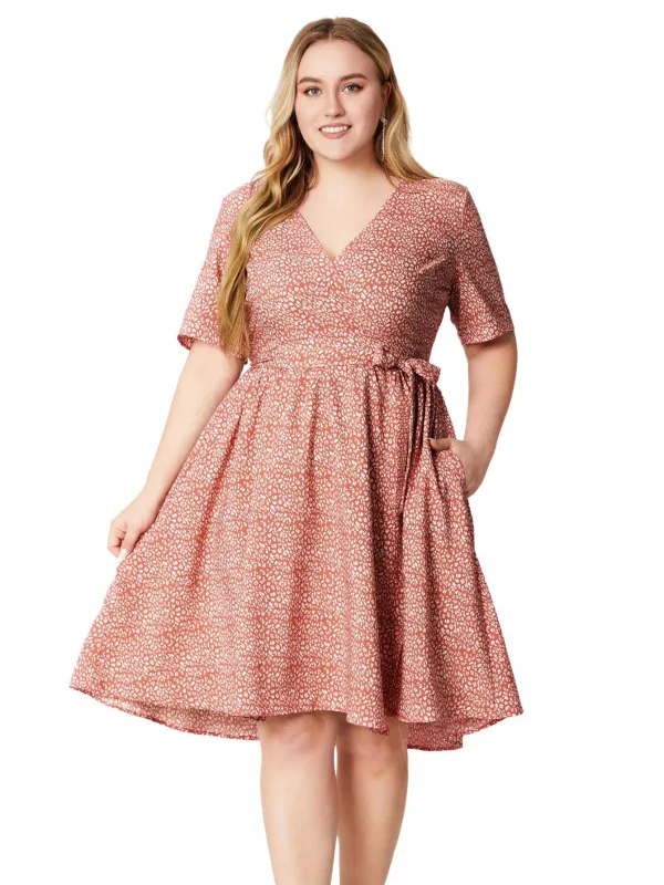 [Plus Size] Pink 1940s V-Neck Floral Pocketed Wrap Dress made by Retro Stage
