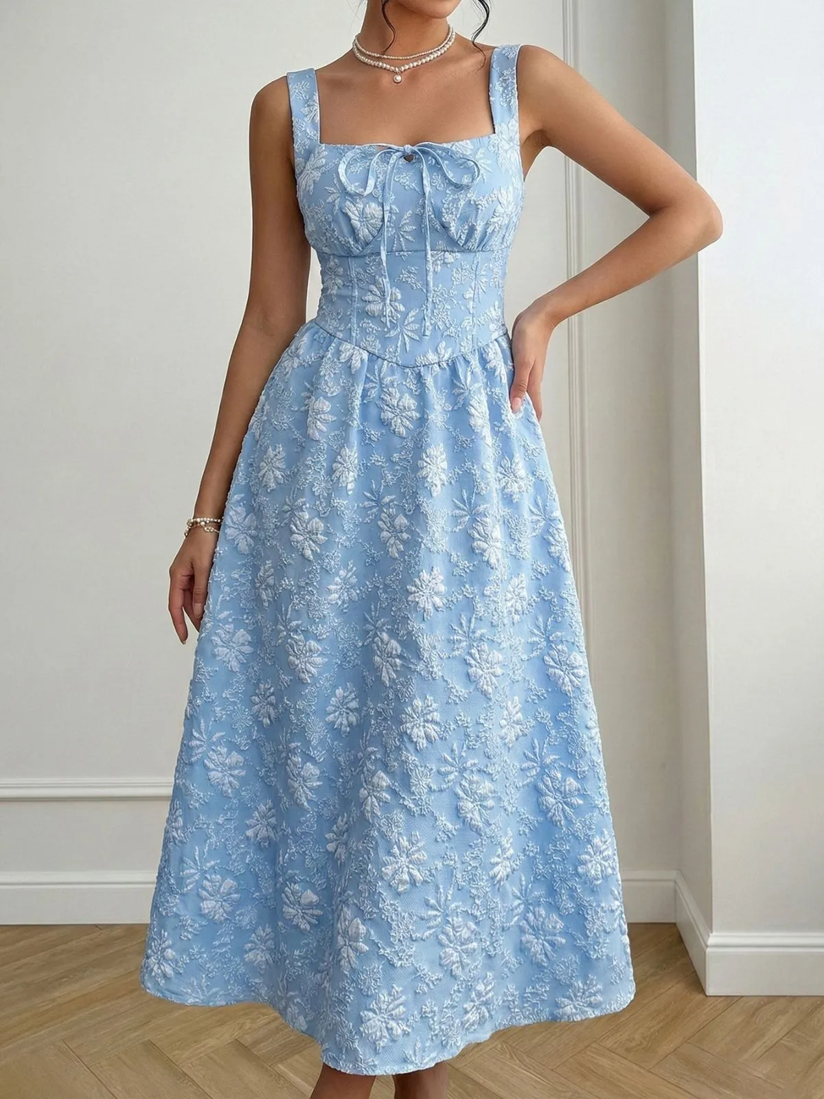 Blue 1940s Square Neck Empire Waist Jacquard Smocked Dress sold by Retro Stage product image thumbnail 2