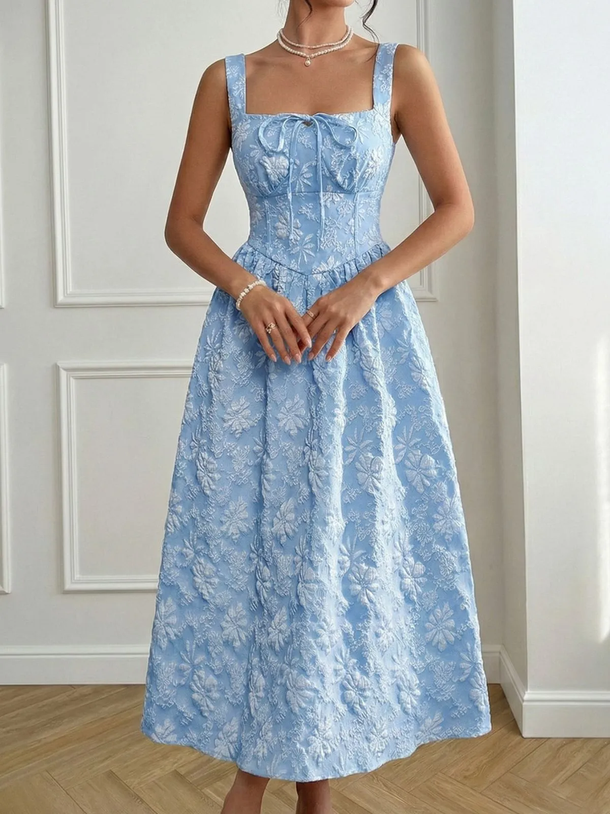 Blue 1940s Square Neck Empire Waist Jacquard Smocked Dress sold by Retro Stage product image thumbnail 3