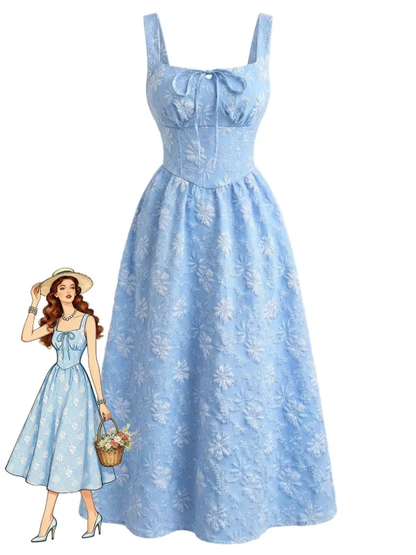 Blue 1940s Square Neck Empire Waist Jacquard Smocked Dress made by Retro Stage