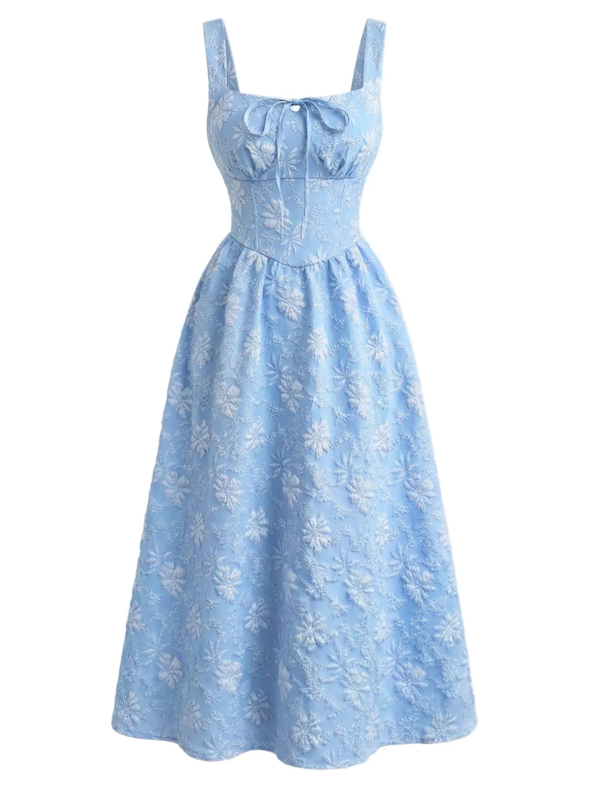 Blue 1940s Square Neck Empire Waist Jacquard Smocked Dress sold by Retro Stage product image thumbnail 4