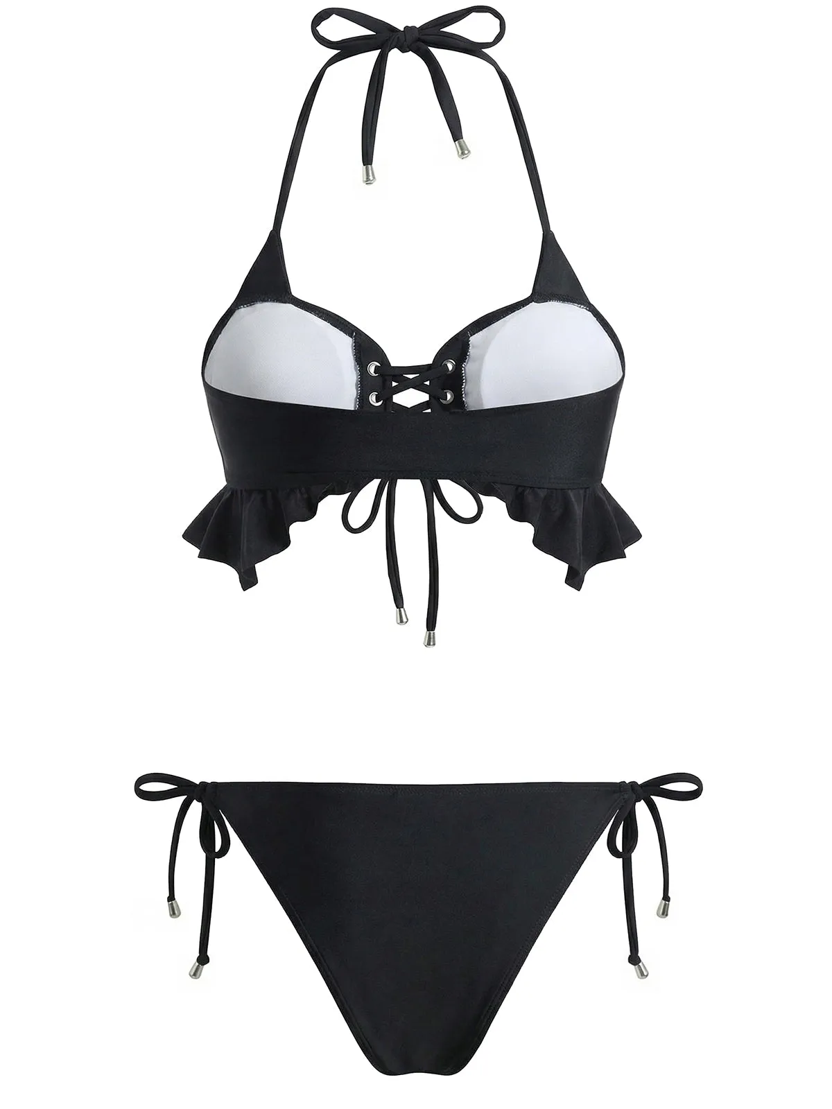 Black 1950s Halter Lace Up Bikini Set & Tiered Cover Up sold by Retro Stage product image thumbnail 4