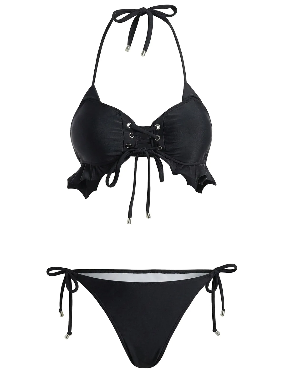 Black 1950s Halter Lace Up Bikini Set & Tiered Cover Up sold by Retro Stage product image thumbnail 3