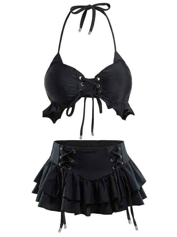 Black 1950s Halter Lace Up Bikini Set & Tiered Cover Up made by Retro Stage