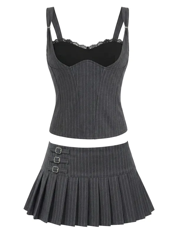 [Pre-Sale] 2PCS Grey Y2K Pinstripe Lace Trim Top & Pleated Mini Skirt made by Retro Stage