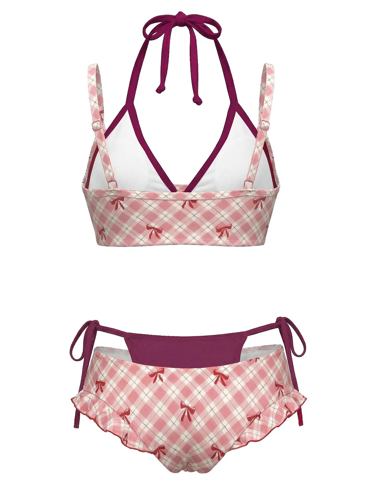 Purple 1950s Plaid Bow Halter Double Layer Bikini Set sold by Retro Stage product image thumbnail 2
