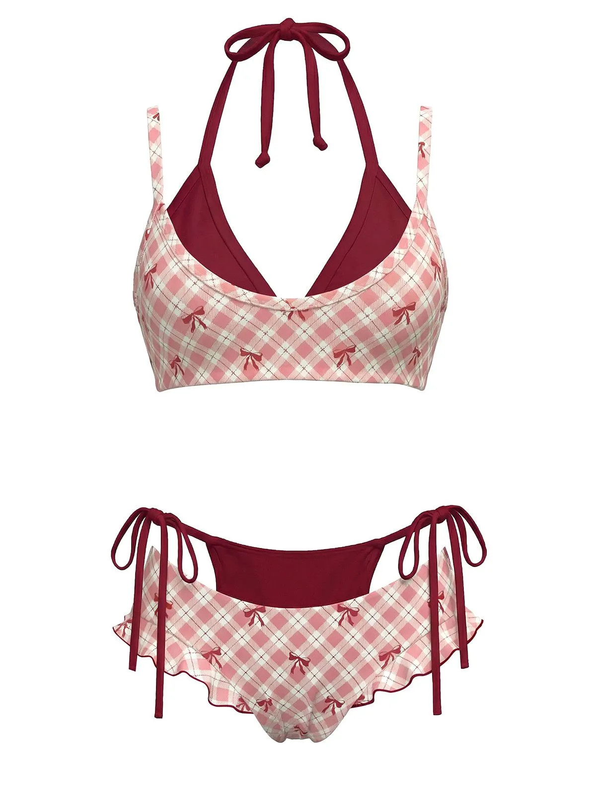 Purple 1950s Plaid Bow Halter Double Layer Bikini Set sold by Retro Stage product image thumbnail 3