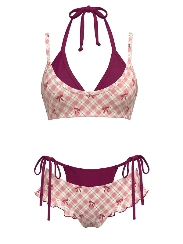 Purple 1950s Plaid Bow Halter Double Layer Bikini Set made by Retro Stage