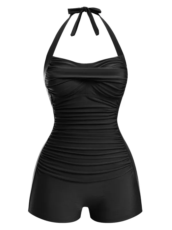 [Pre-Sale] Black 1950s Solid Halter Boxer One-Piece Swimsuit made by Retro Stage