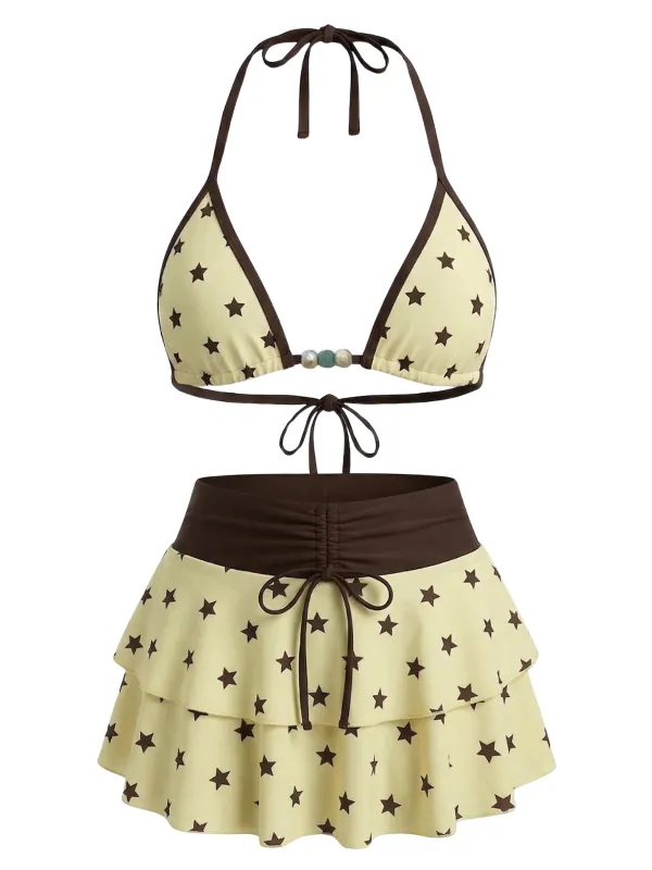 [Pre-Sale] Cream Yellow 1960s Floral Print Tie-Front Layered Bikini Set made by Retro Stage