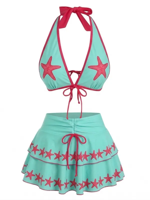 [Pre-Sale] Turquoise 1960s Floral Print Tie-Front Layered Bikini Set made by Retro Stage