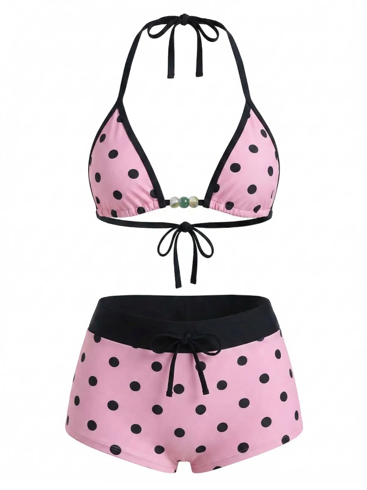 1950s Polka Dots Tie Halter Beaded Swimwear Set sold by Retro Stage