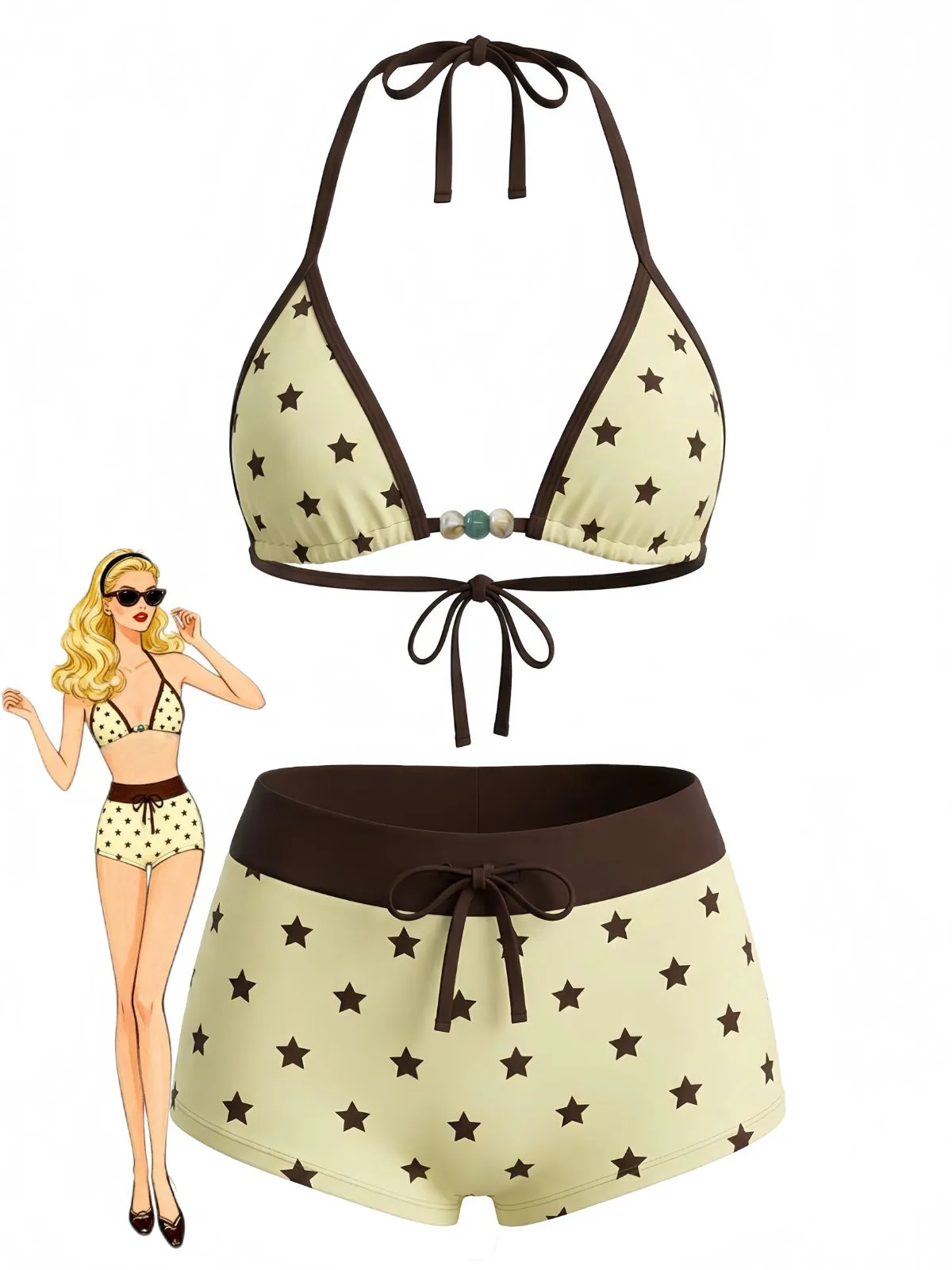1950s Polka Dots Tie Halter Beaded Swimwear Set sold by Retro Stage product image thumbnail 2