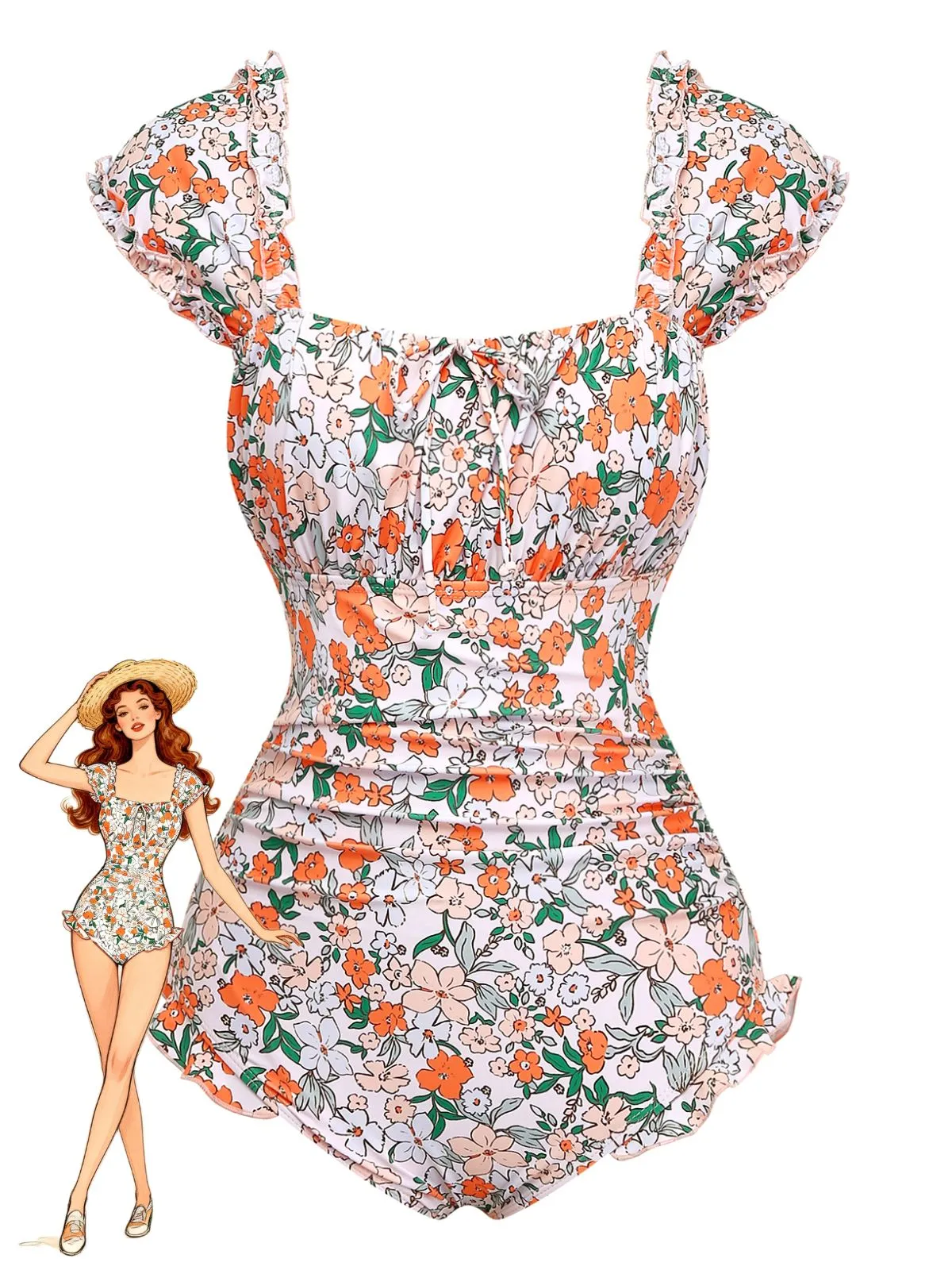 Blue 1950s Floral Ruffled Cap Sleeve One-Piece Swimsuit sold by Retro Stage product image thumbnail 5