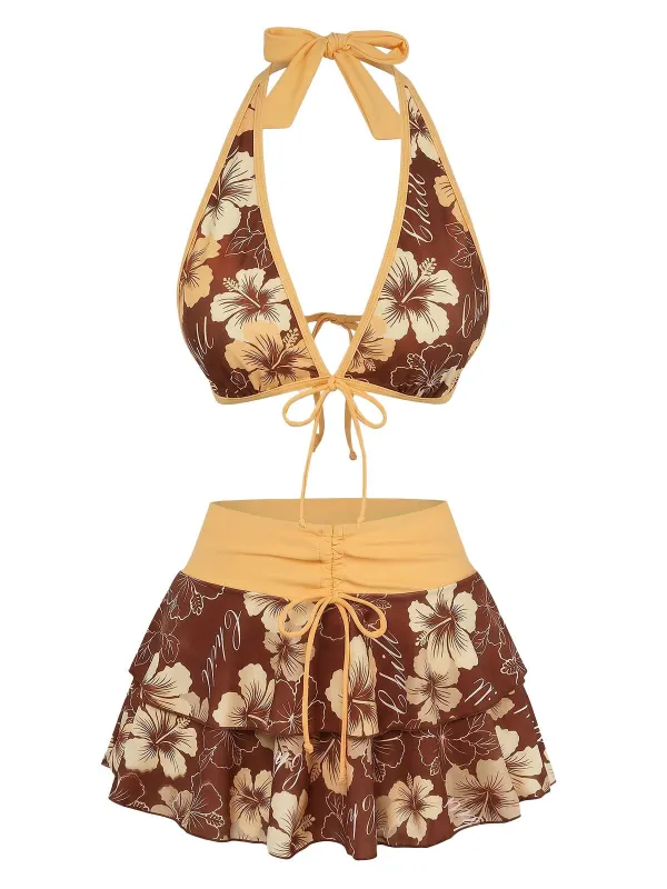 Brown 1960s Floral Print Tie-Front Layered Bikini Set made by Retro Stage