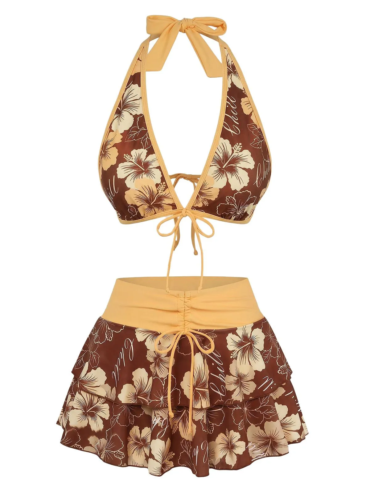 Brown 1960s Floral Print Tie-Front Layered Bikini Set sold by Retro Stage