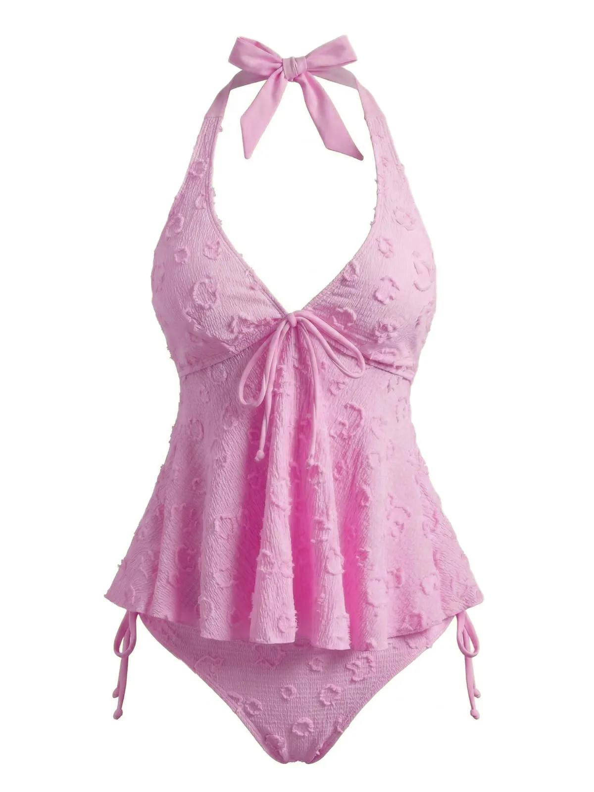 Pink 1950s Halter Textured Floral Deep V Tankini Set sold by Retro Stage