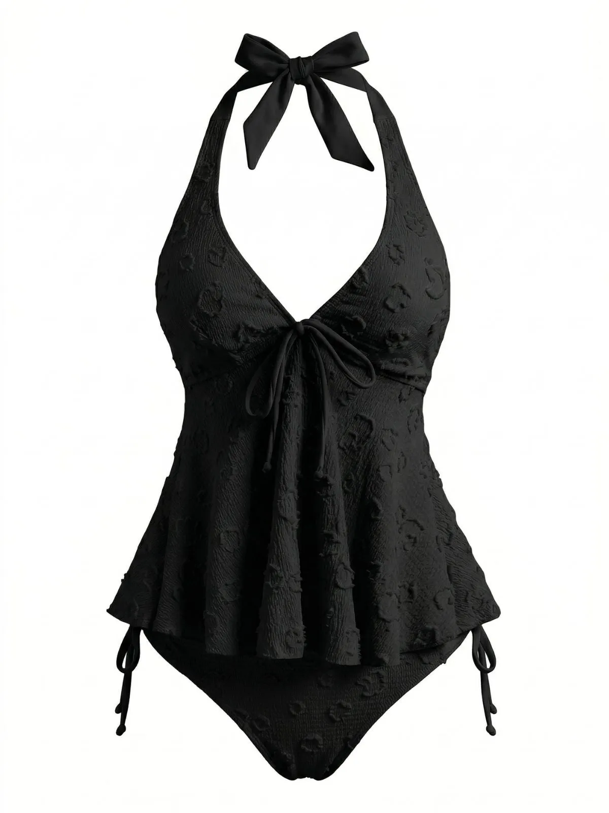 Pink 1950s Halter Textured Floral Deep V Tankini Set sold by Retro Stage product image thumbnail 3