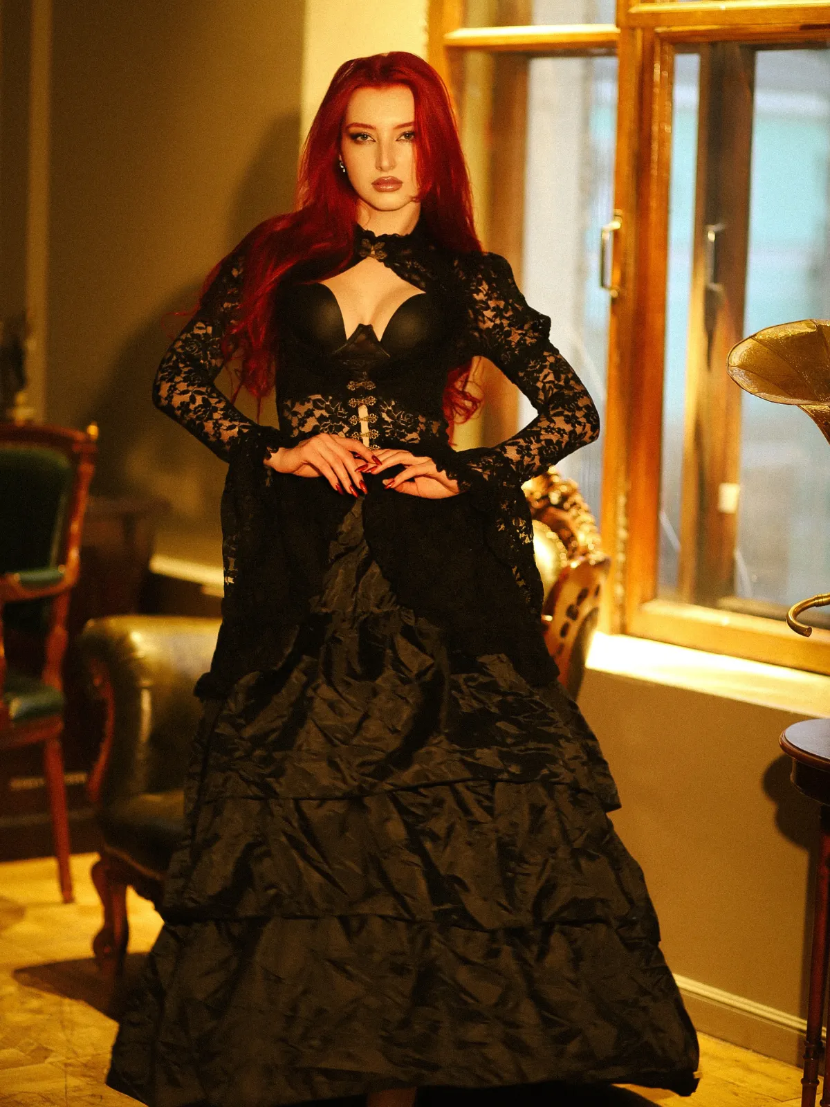 Black 1980s Gigot Sleeve Victorian Lace Dress sold by Retro Stage