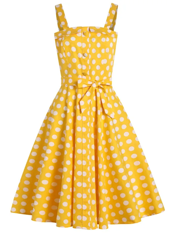 Yellow 1950s Polka Dot Straps Swing Dress made by Retro Stage