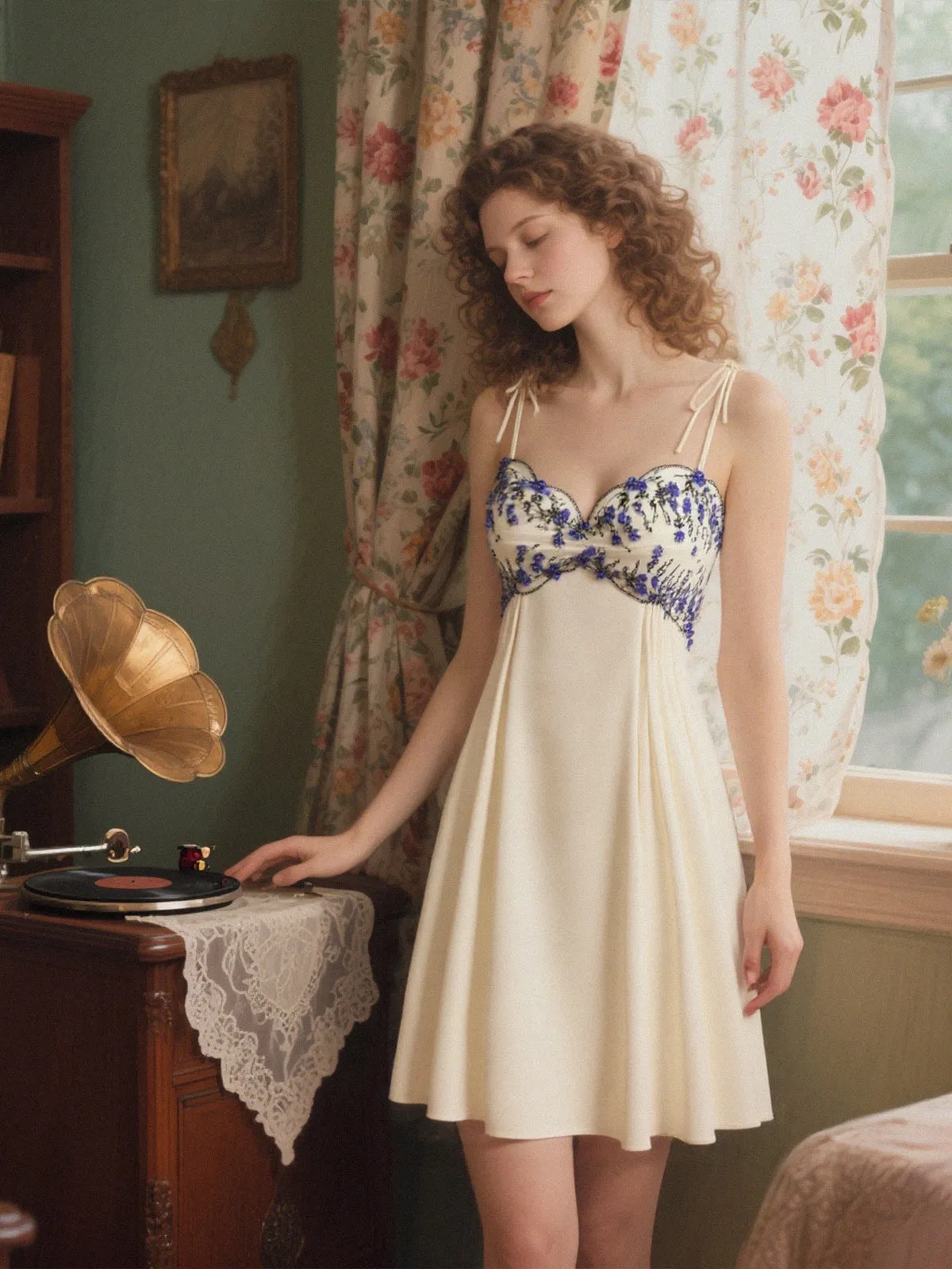 Beige 1940s Floral Embroidered Spaghetti Straps Nightgown sold by Retro Stage product image thumbnail 5