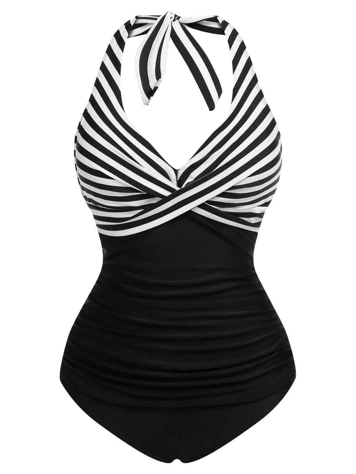 Black 1950s Halter Stripes One-Piece Swimsuit sold by Retro Stage product image thumbnail 2