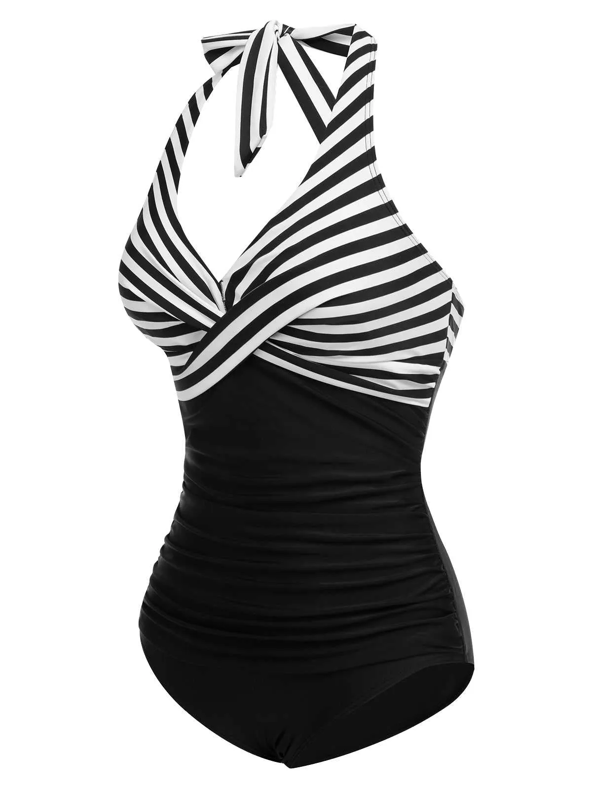 Black 1950s Halter Stripes One-Piece Swimsuit sold by Retro Stage product image thumbnail 3