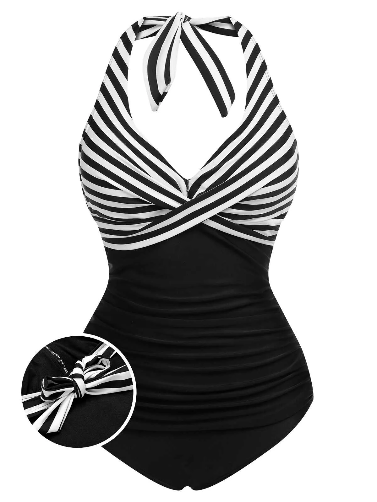 Black 1950s Halter Stripes One-Piece Swimsuit sold by Retro Stage