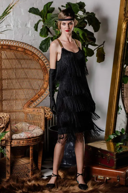 Belted Black 1920s Fringe Gatsby Dress made by Retro Stage
