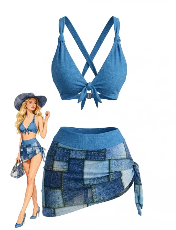 Blue 1970s Denim Print Vintage Bikini Set & Cover-Up made by Retro Stage