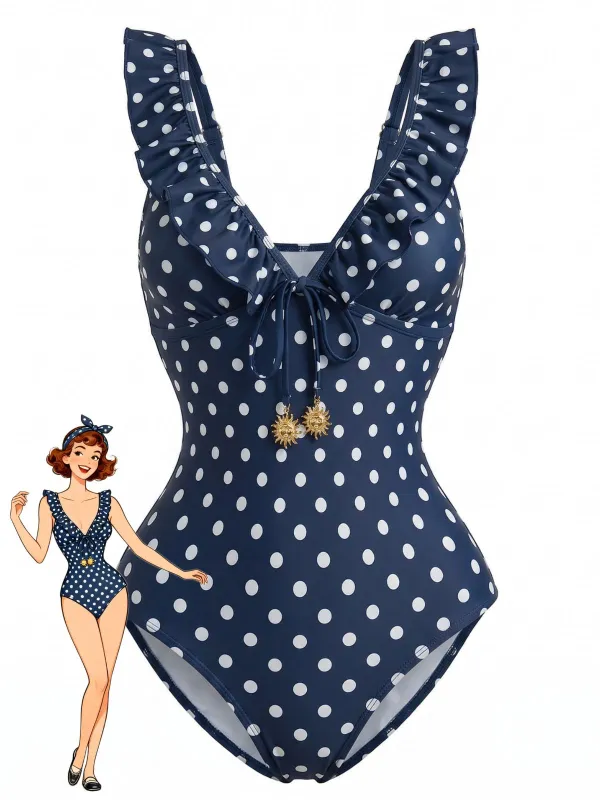 Dark Blue 1950s Polka Dot Ruffled V-Neck One-Piece Swimsuit made by Retro Stage