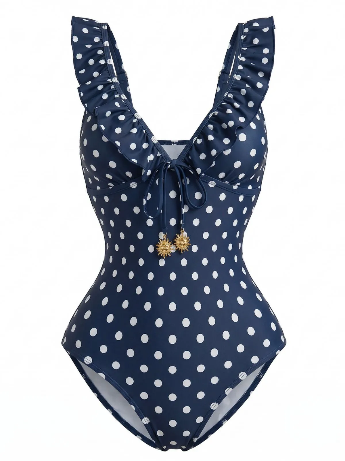 Dark Blue 1950s Polka Dot Ruffled V-Neck One-Piece Swimsuit sold by Retro Stage product image thumbnail 3