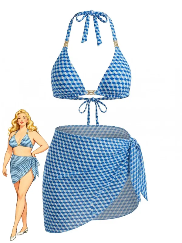 [Plus Size] 3PCS Blue 1970s Halter Geometric 3D-Cube Bikini Set & Cover Up made by Retro Stage