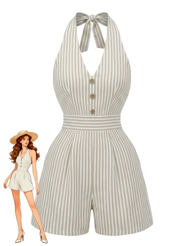 Beige 1950s Halter Striped Cinched Waist Romper made by Retro Stage