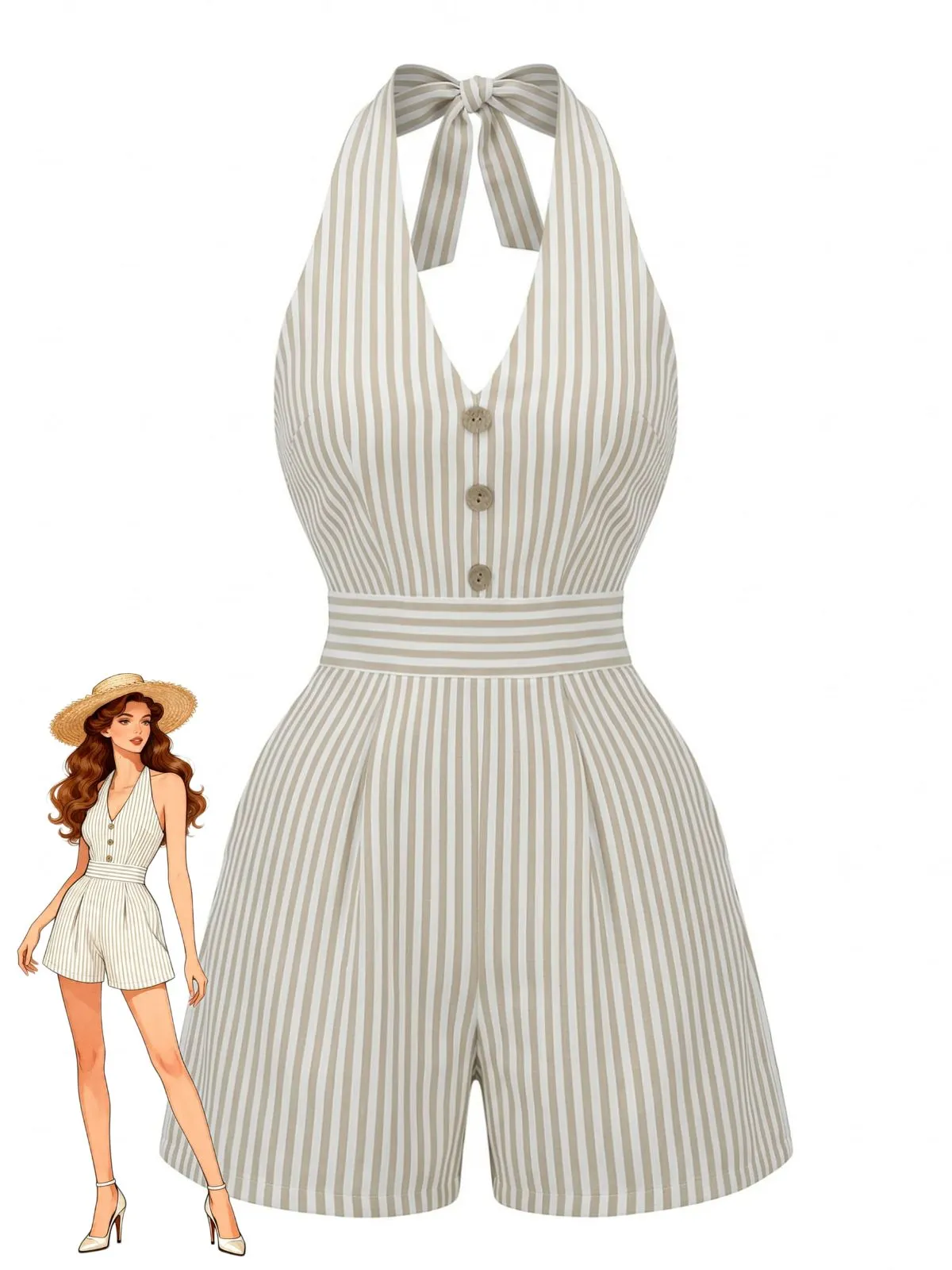 Beige 1950s Halter Striped Cinched Waist Romper sold by Retro Stage