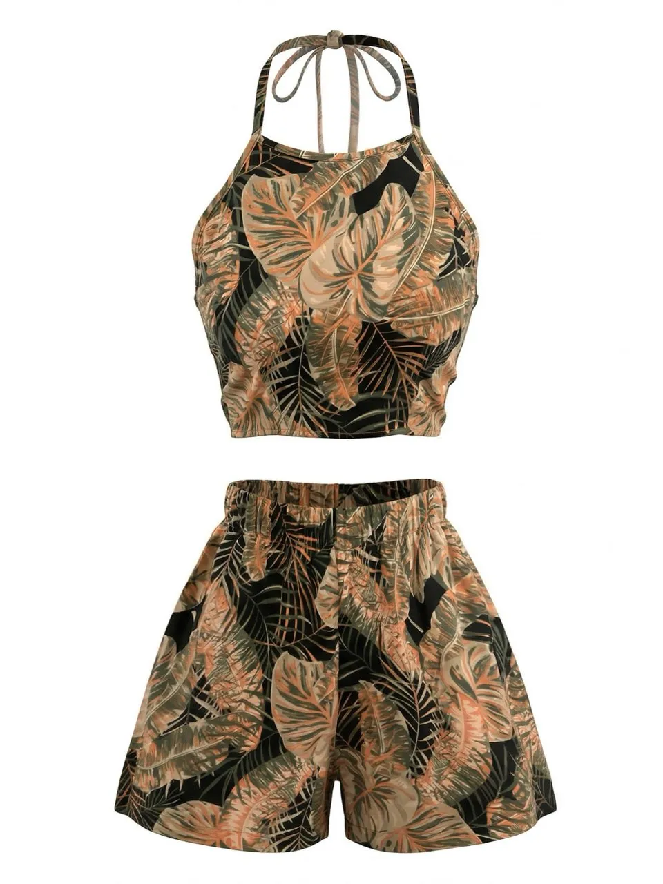 2PCS 1980s Tropical Palm Halter Crop Top & High-Waisted Shorts sold by Retro Stage product image thumbnail 2