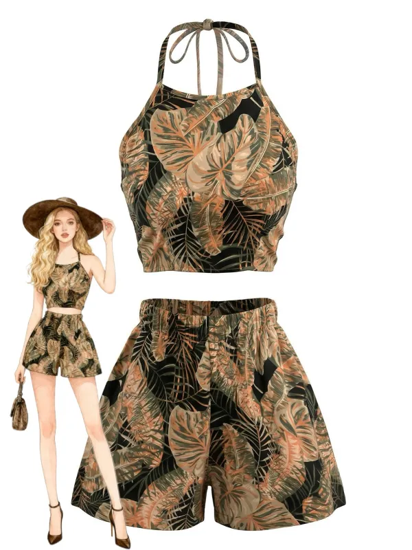 2PCS 1980s Tropical Palm Halter Crop Top & High-Waisted Shorts made by Retro Stage