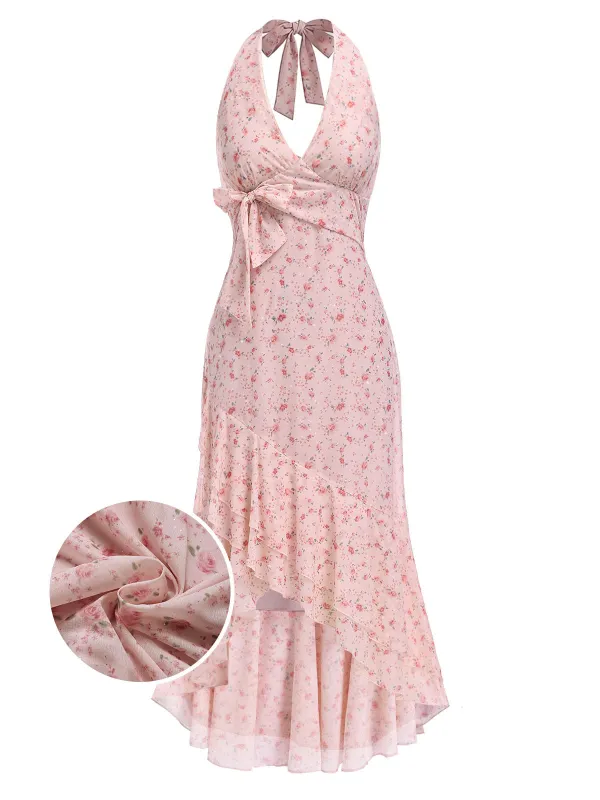 [Pre-Sale] Pink 1930s Floral Ruffle Halter V-Neck Dress made by Retro Stage