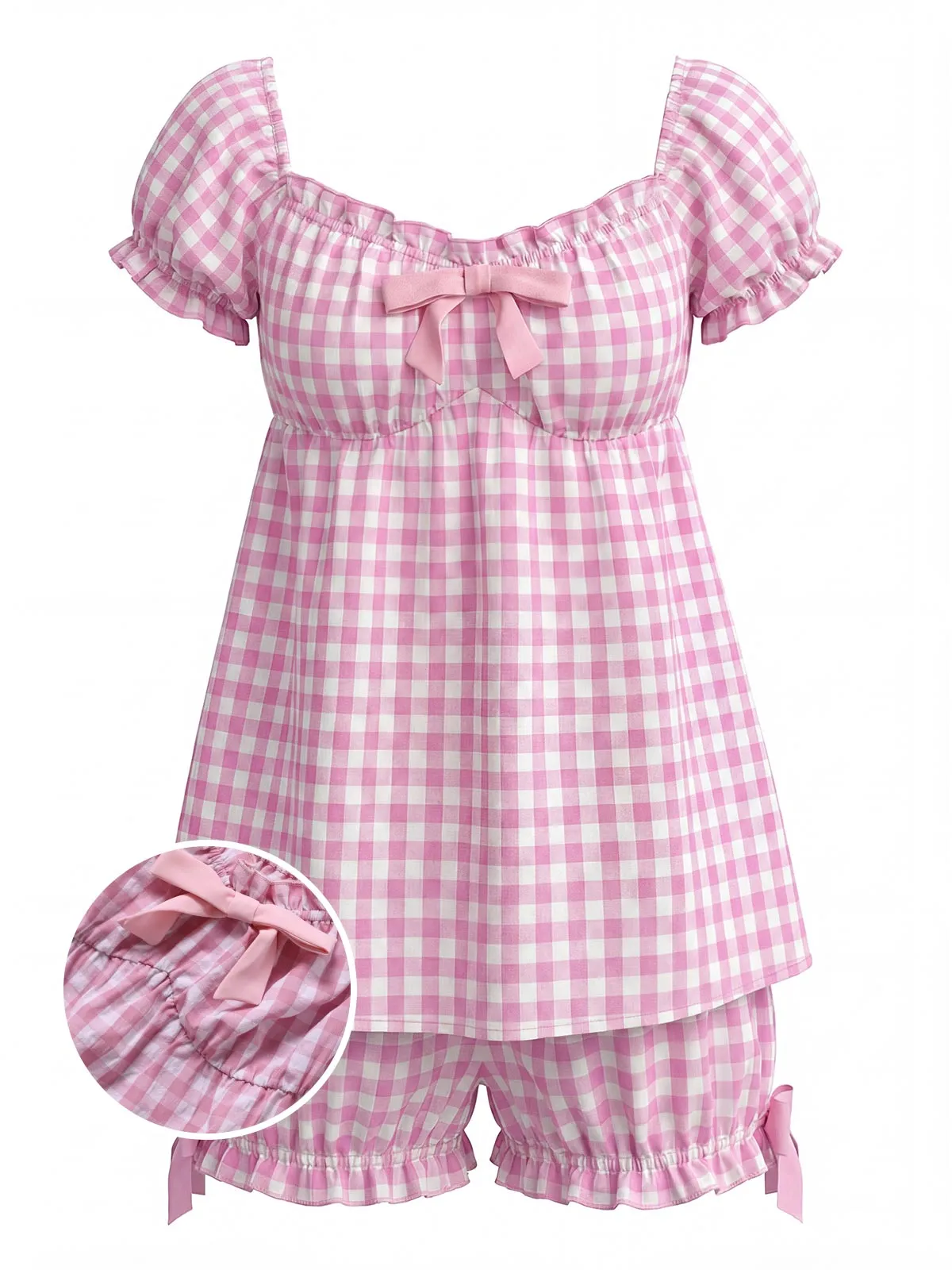 Pink 1960s Bow Gingham Ruffle Pajama Set sold by Retro Stage