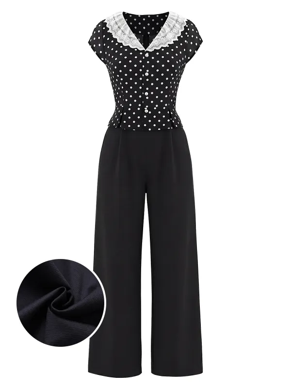 [Pre-Sale] Black 1950s Polka Dot Cap Sleeve Lace Collar Jumpsuit made by Retro Stage