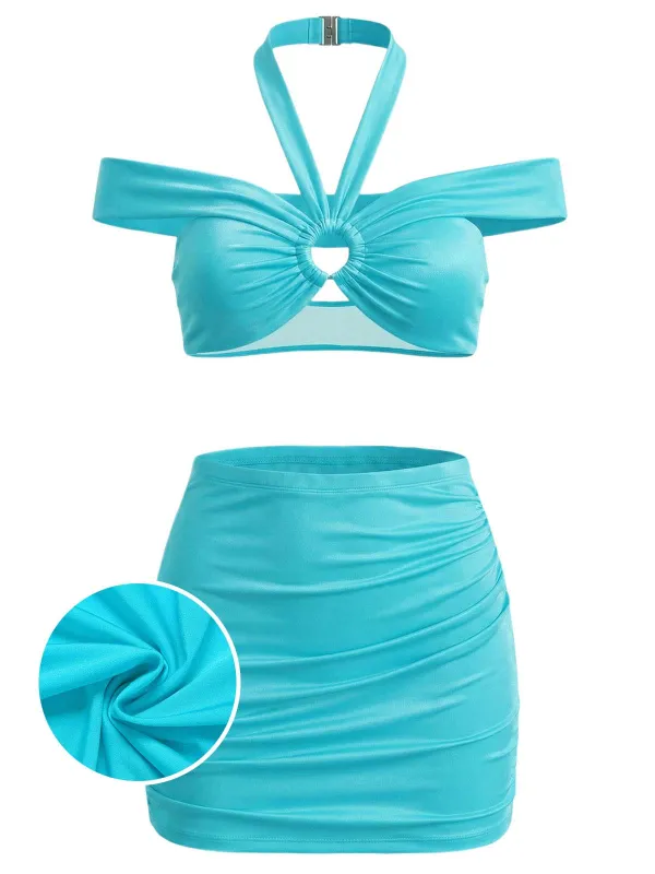 [Pre-Sale] Sky Blue 1940s Halter Pleated Skirt Swimsuit Set made by Retro Stage